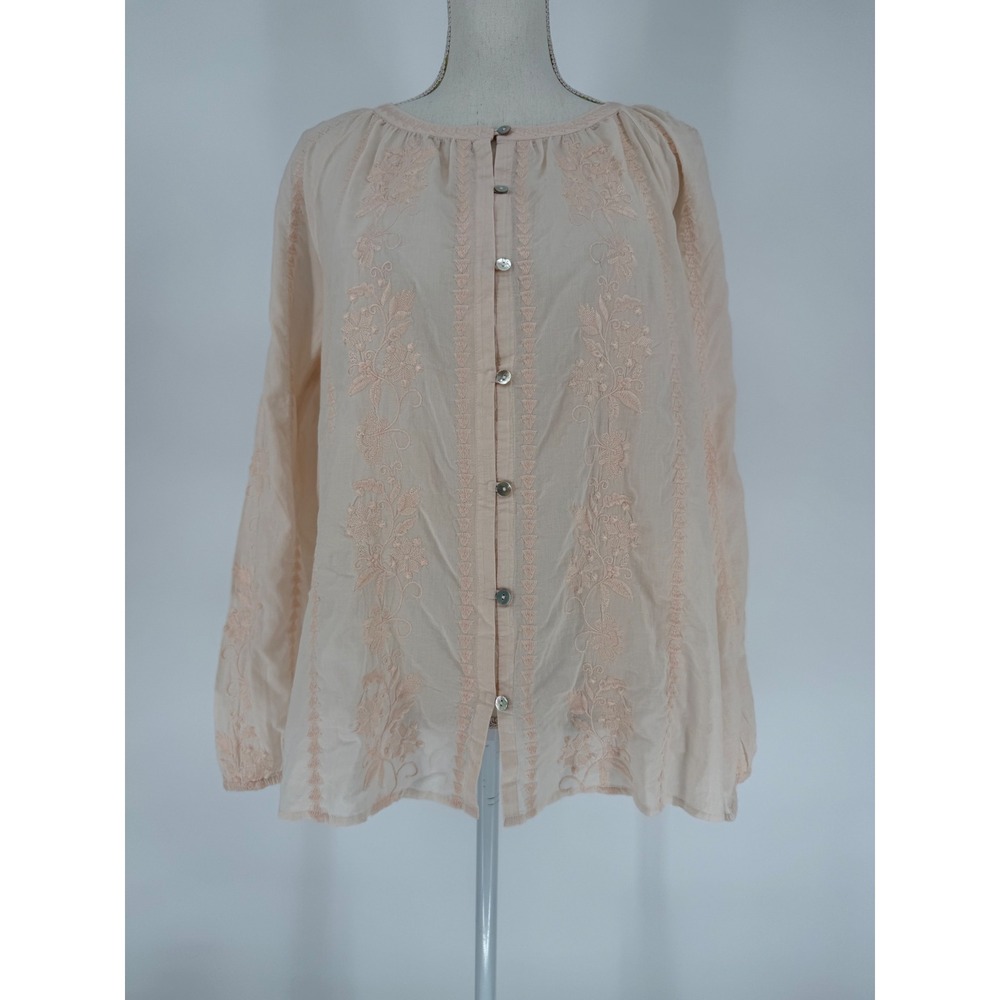 J Jill Bisque Embroidered Button Front Long Sleeve Blouse Top Women M NWT